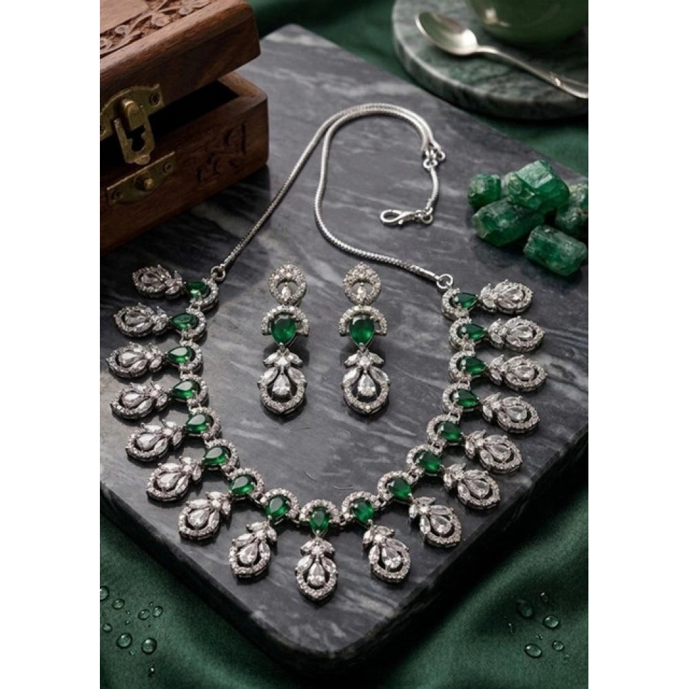 Vaystra Gold Plated Brass Silver Plated Necklace set in Green,