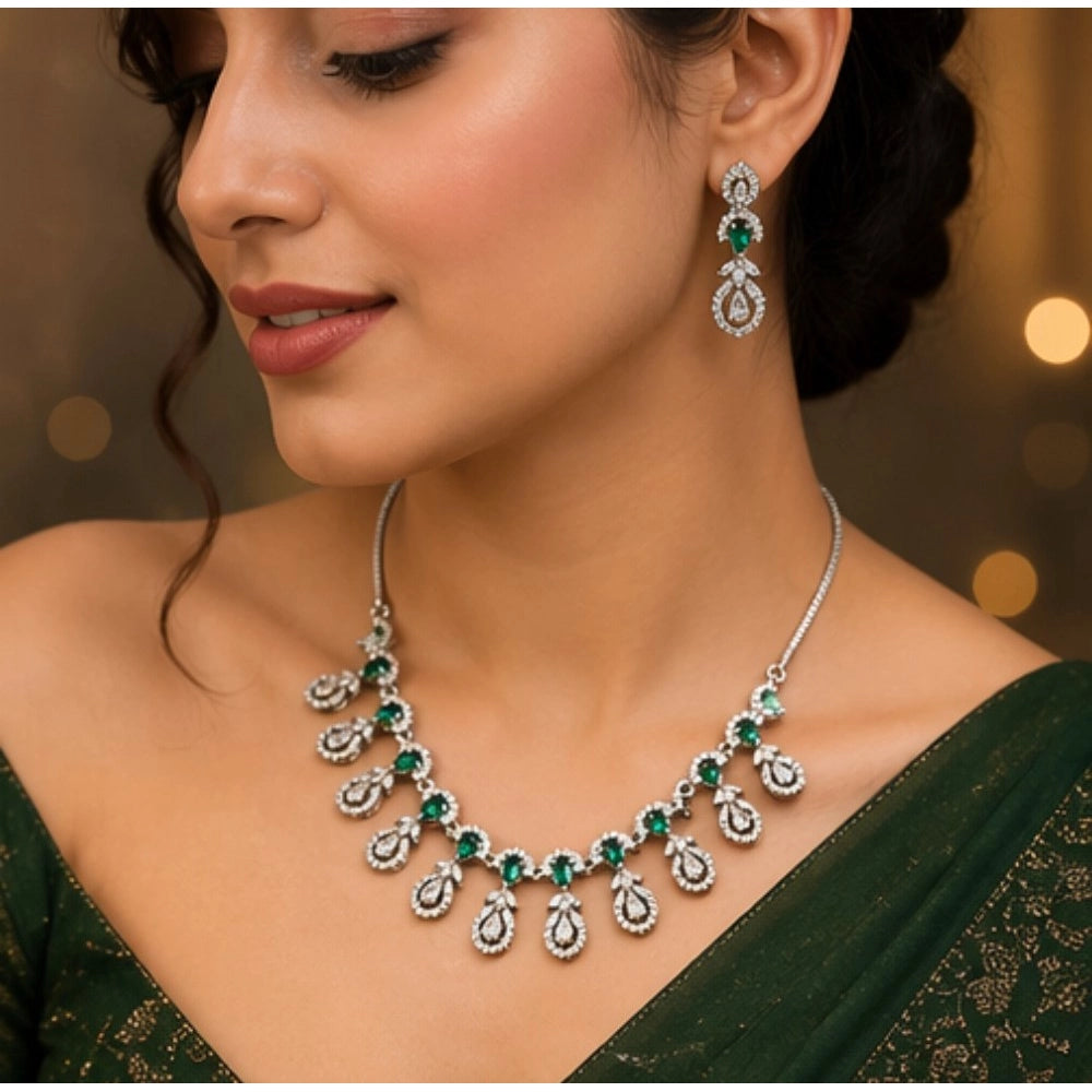 Vaystra Gold Plated Brass Silver Plated Necklace set in Green,