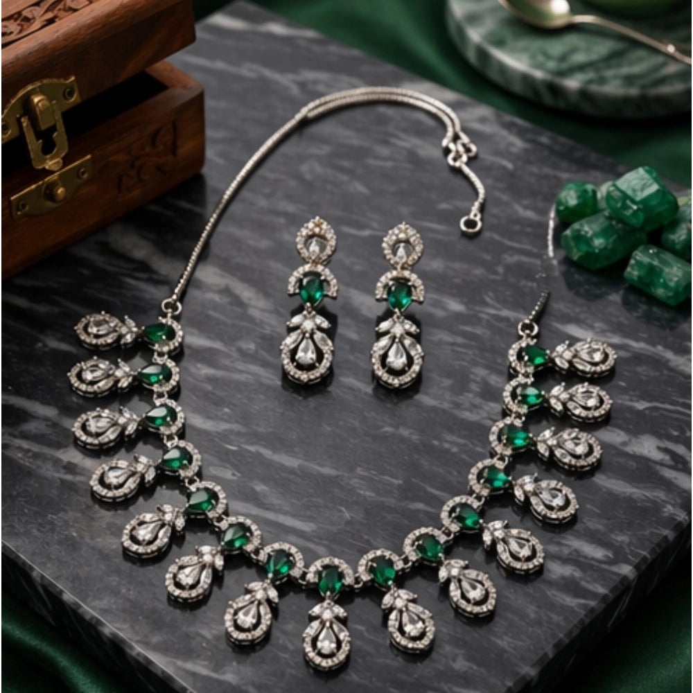 Vaystra Gold Plated Brass Silver Plated Necklace set in Green,