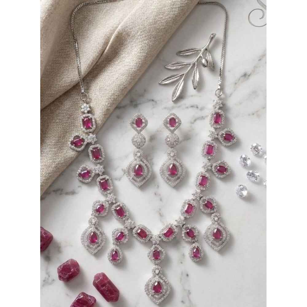 Vaystra Gold Plated Brass Silver Plated Necklace set in Red,