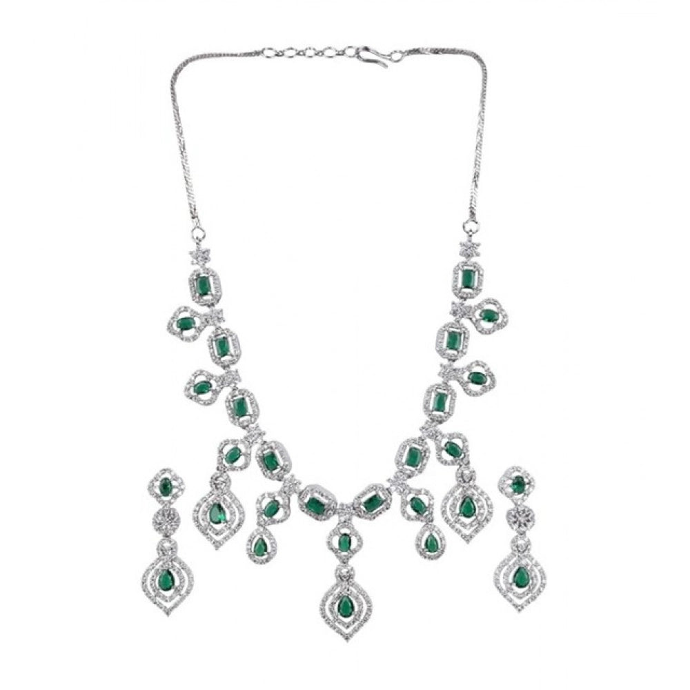 Vaystra Brass Silver Plated Necklace set - Green,