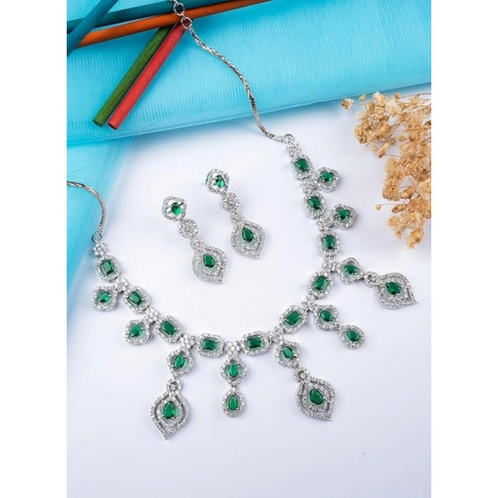 Vaystra Brass Silver Plated Necklace set - Green,