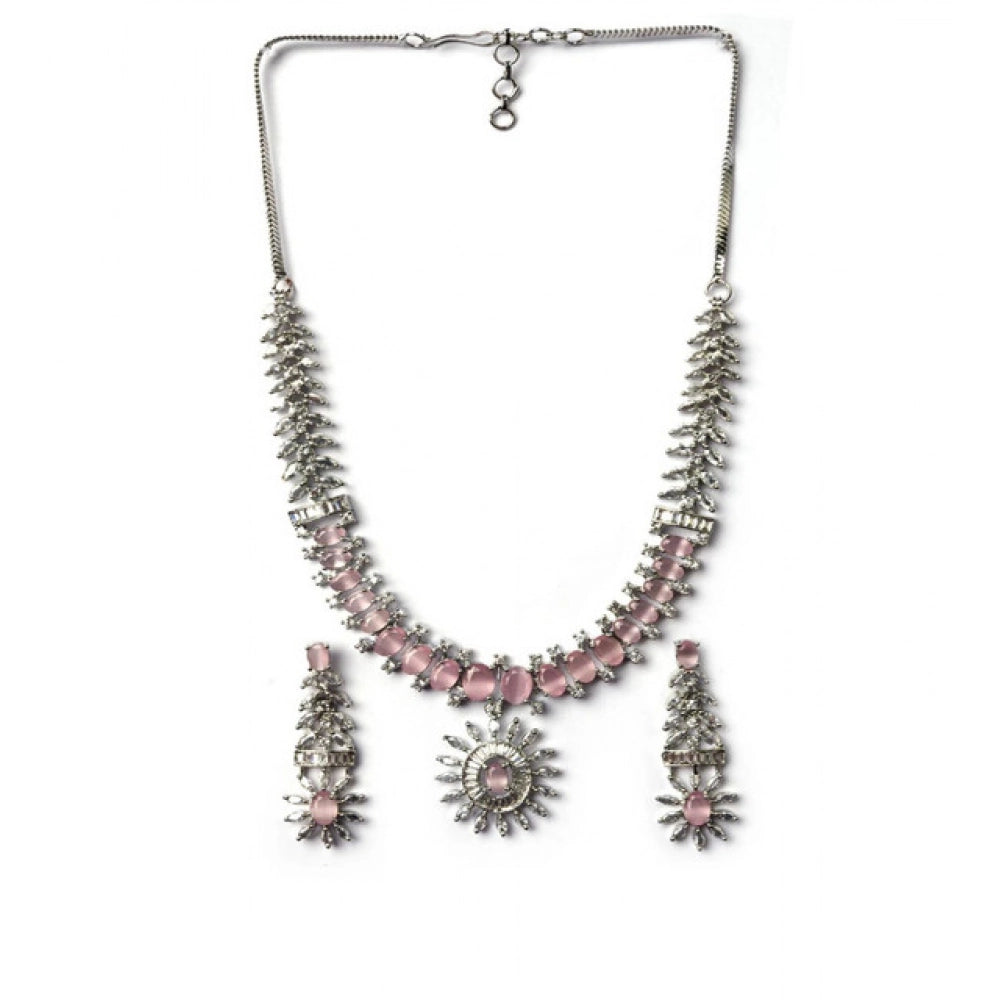 Vaystra Gold Plated Brass Silver Plated Necklace set in Pink,