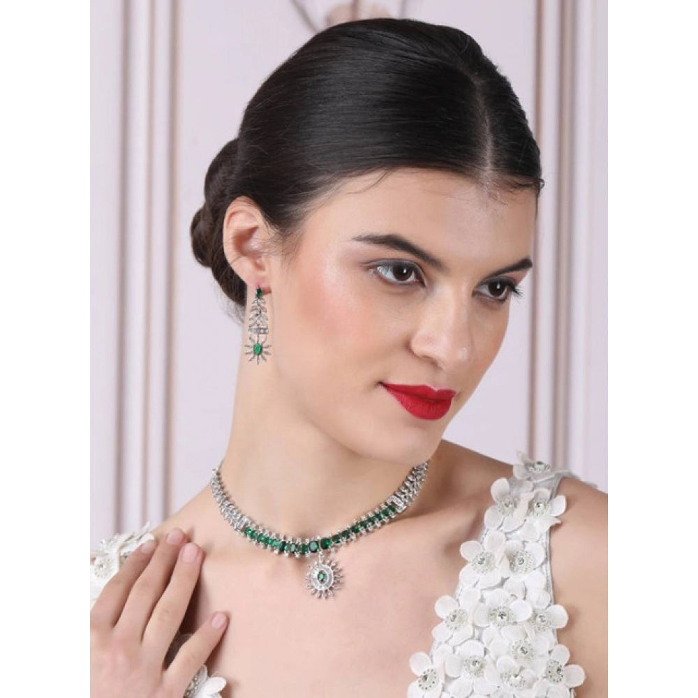 Vaystra Gold Plated Brass Silver Plated Necklace set in Green,
