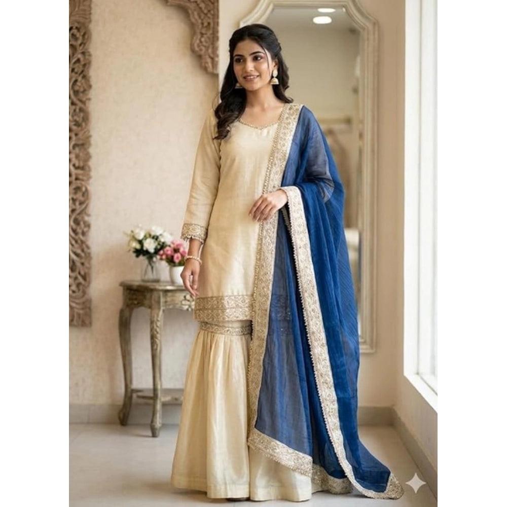 Vaystra Silk Embroidered 3/4th Sleeve V-Neck Kurti With Sharara Pant and Dupatta Set –...