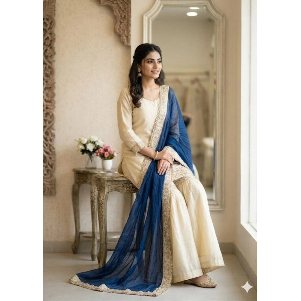 Vaystra Silk Embroidered 3/4th Sleeve V-Neck Kurti With Sharara Pant and Dupatta Set –...