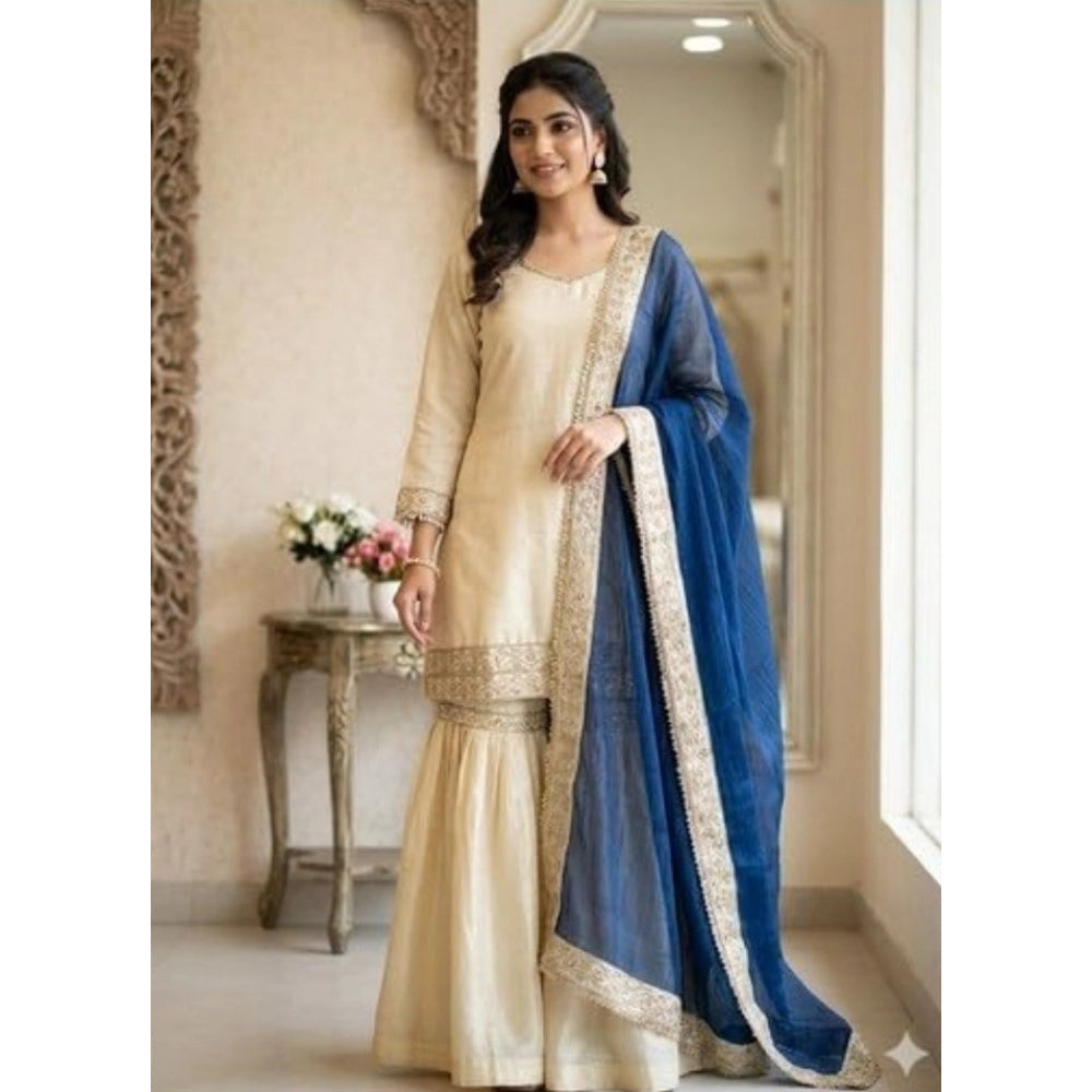 Vaystra Silk Embroidered 3/4th Sleeve V-Neck Kurti With Sharara Pant and Dupatta Set –...