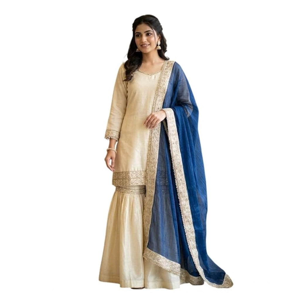 Vaystra Silk Embroidered 3/4th Sleeve V-Neck Kurti With Sharara Pant and Dupatta Set –...
