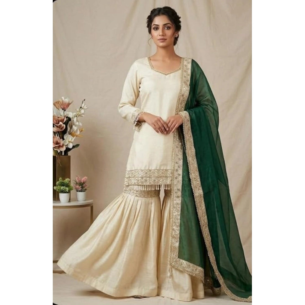 Vaystra Silk Embroidered 3/4th Sleeve V-Neck Kurti With Sharara Pant and Dupatta Set –...
