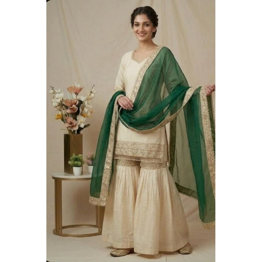 Vaystra Silk Embroidered 3/4th Sleeve V-Neck Kurti With Sharara Pant and Dupatta Set –...