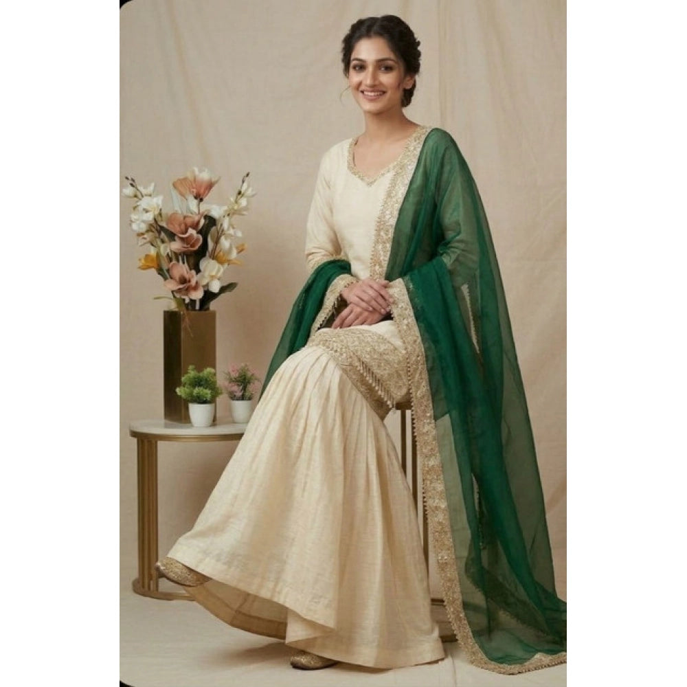 Vaystra Silk Embroidered 3/4th Sleeve V-Neck Kurti With Sharara Pant and Dupatta Set –...