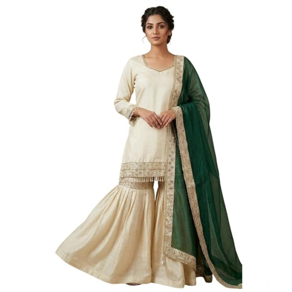 Vaystra Silk Embroidered 3/4th Sleeve V-Neck Kurti With Sharara Pant and Dupatta Set –...