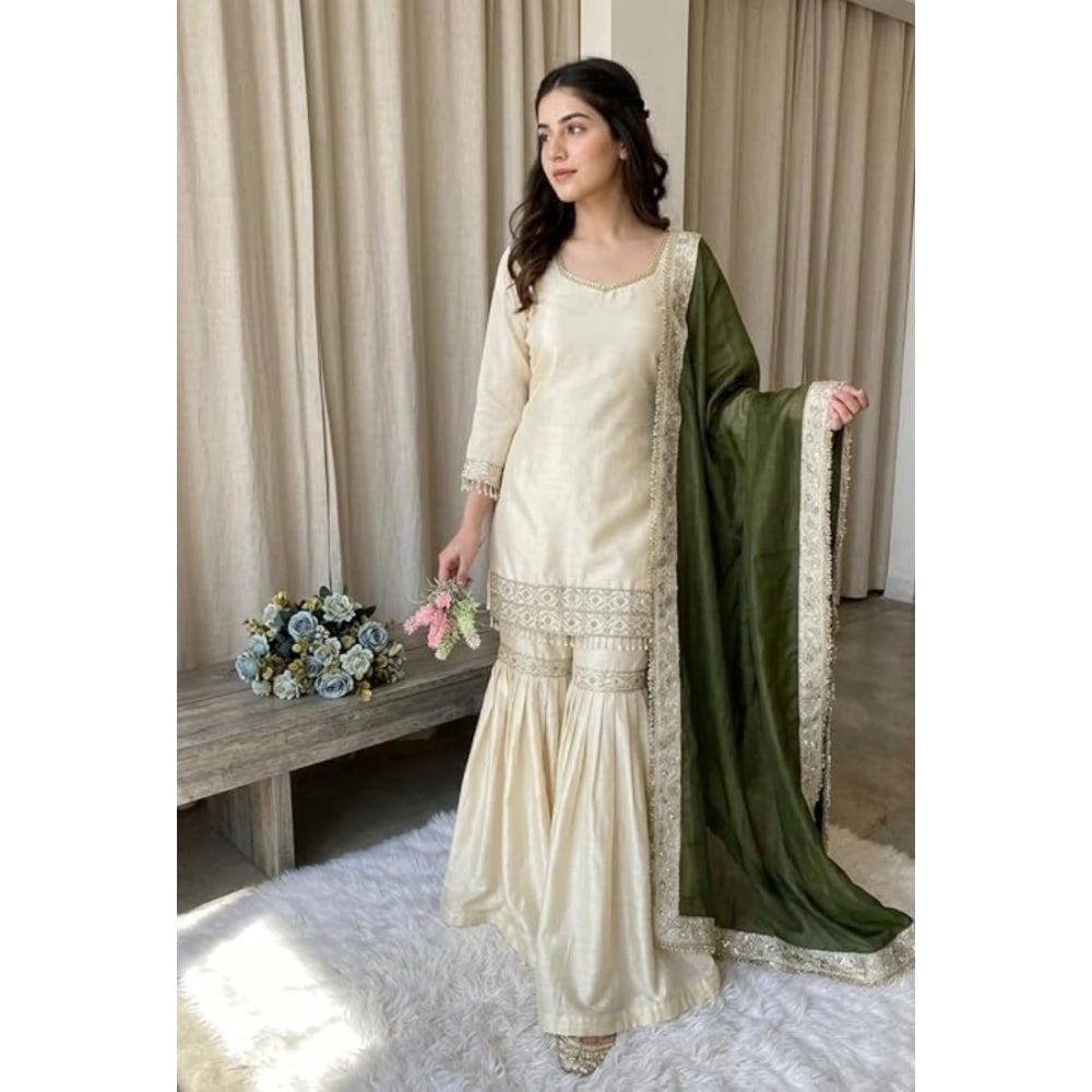 Vaystra Silk Embroidered 3/4th Sleeve V-Neck Kurti With Sharara Pant and Dupatta Set –...