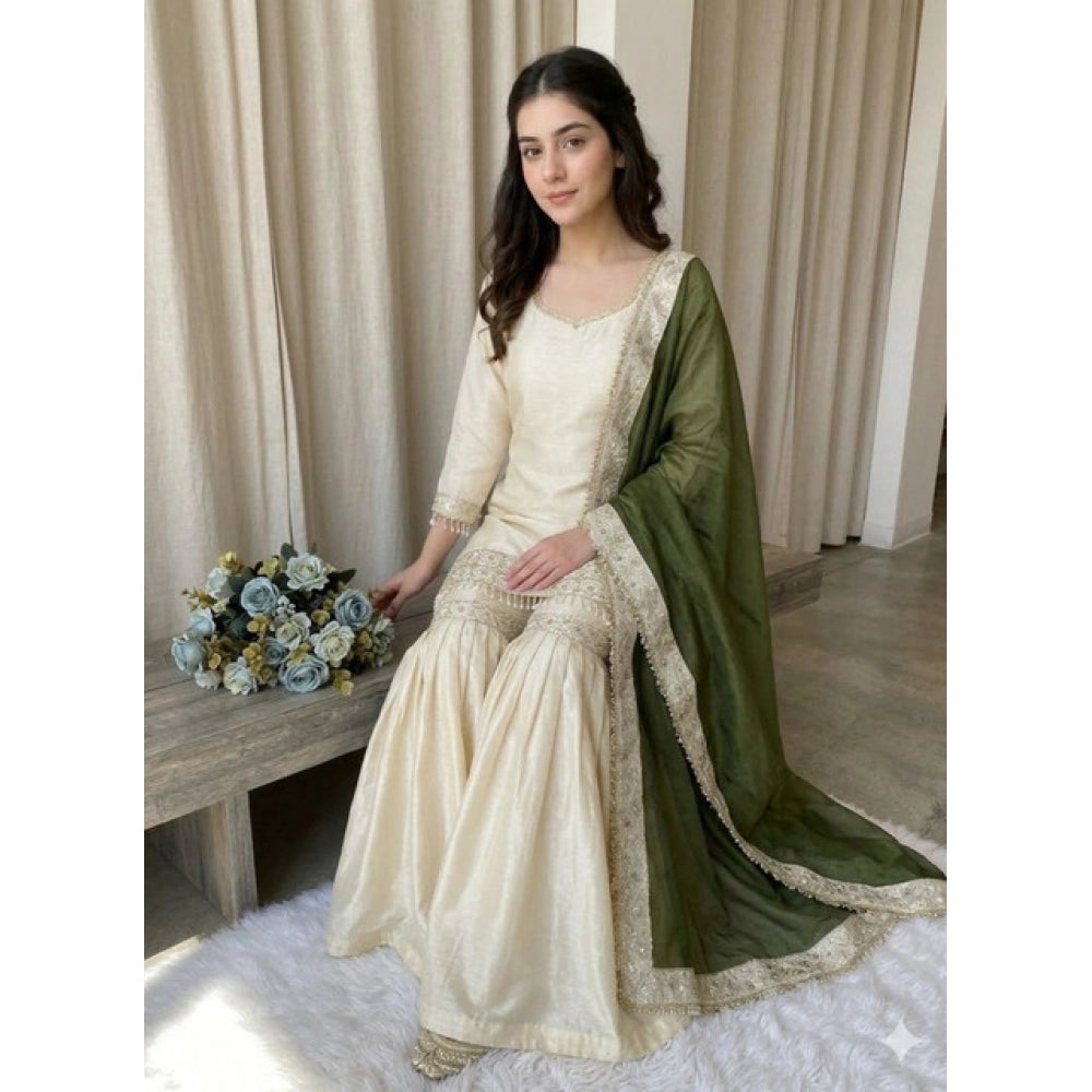 Vaystra Silk Embroidered 3/4th Sleeve V-Neck Kurti With Sharara Pant and Dupatta Set –...