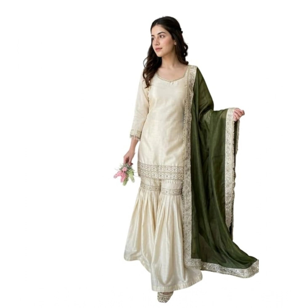 Vaystra Silk Embroidered 3/4th Sleeve V-Neck Kurti With Sharara Pant and Dupatta Set –...