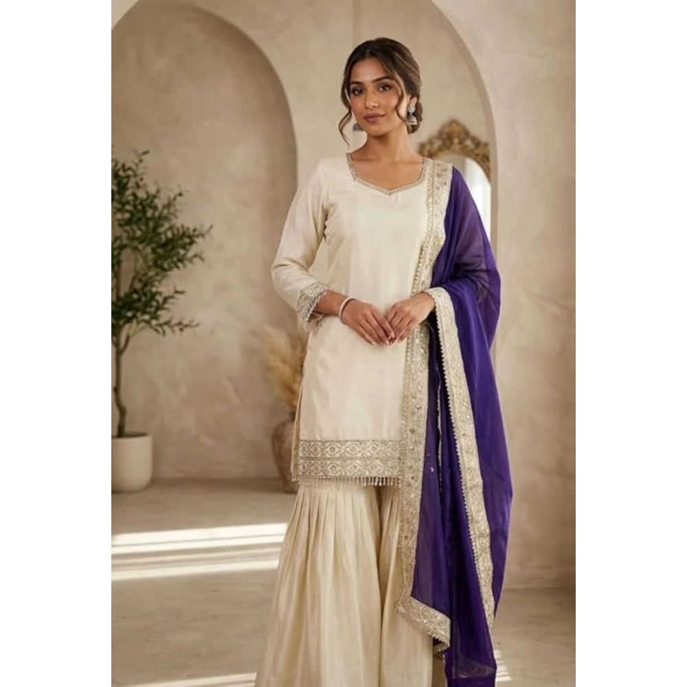 Vaystra Silk Embroidered 3/4th Sleeve V-Neck Kurti With Sharara Pant and Dupatta Set –...