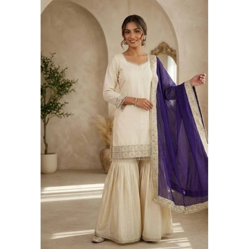 Vaystra Silk Embroidered 3/4th Sleeve V-Neck Kurti With Sharara Pant and Dupatta Set –...