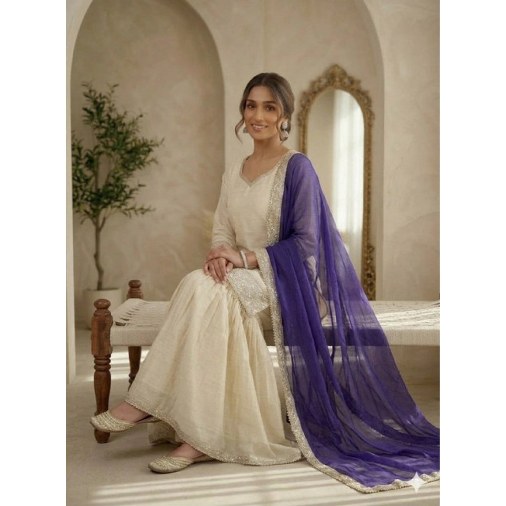 Vaystra Silk Embroidered 3/4th Sleeve V-Neck Kurti With Sharara Pant and Dupatta Set –...