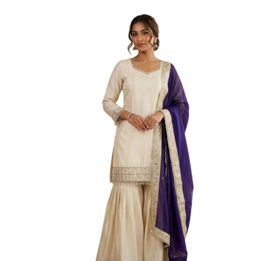 Vaystra Silk Embroidered 3/4th Sleeve V-Neck Kurti With Sharara Pant and Dupatta Set –...