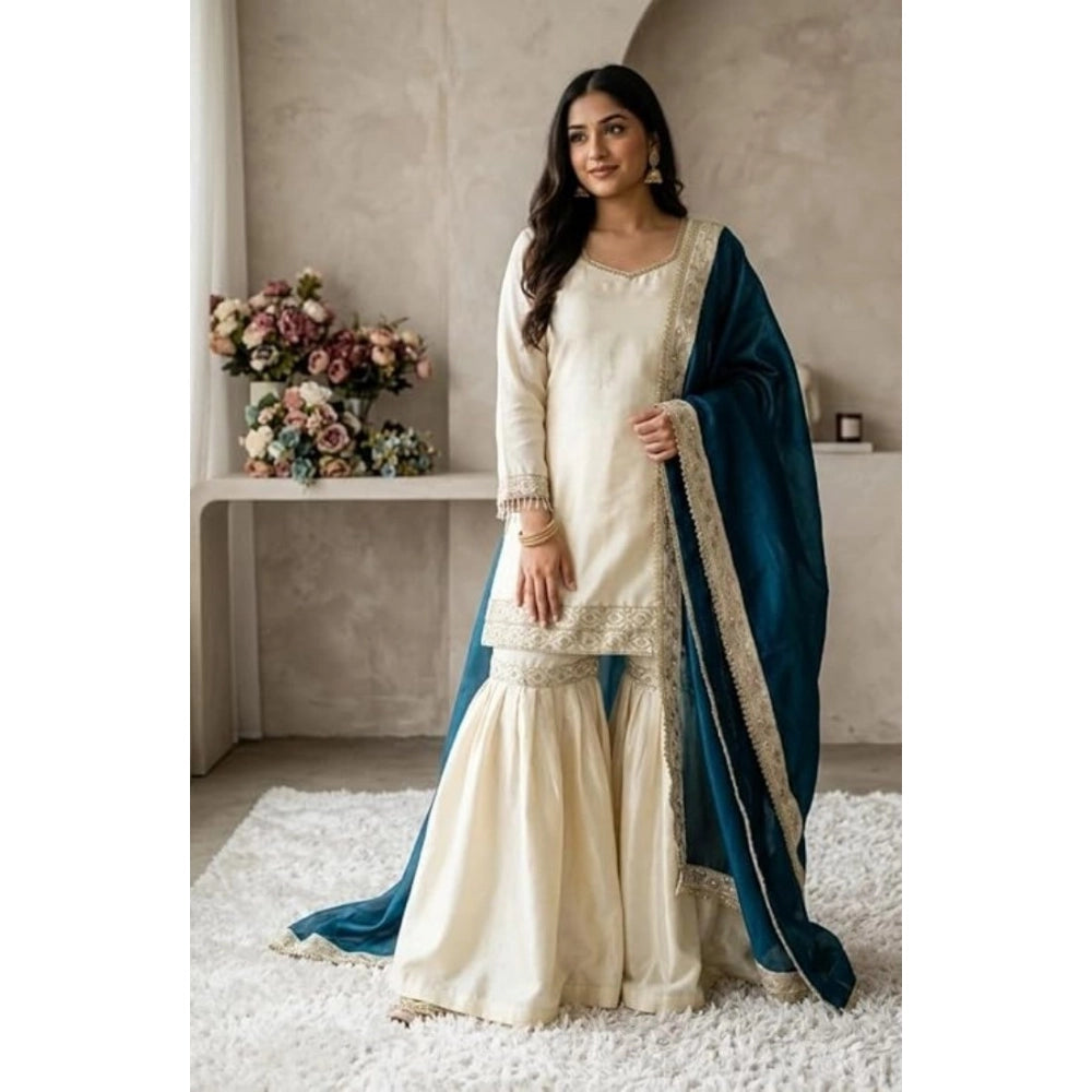 Vaystra Silk Embroidered 3/4th Sleeve V-Neck Kurti With Sharara Pant and Dupatta Set –...