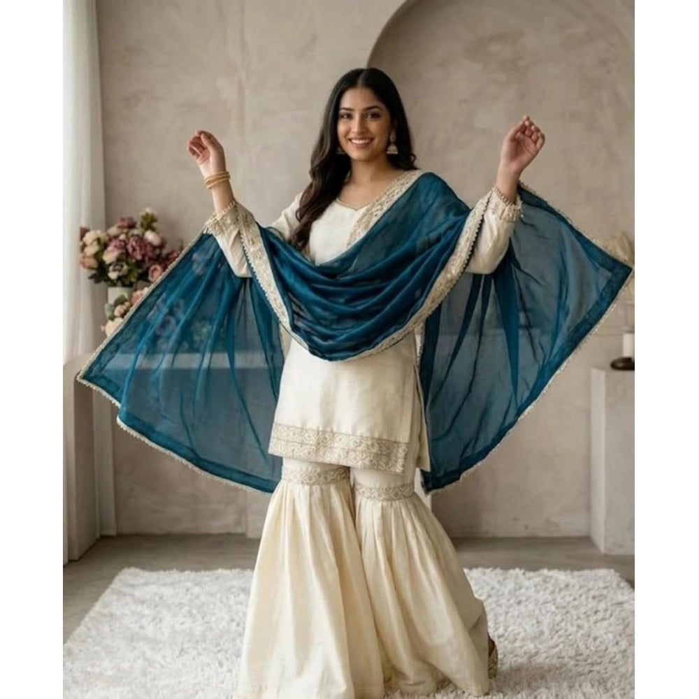 Vaystra Silk Embroidered 3/4th Sleeve V-Neck Kurti With Sharara Pant and Dupatta Set –...