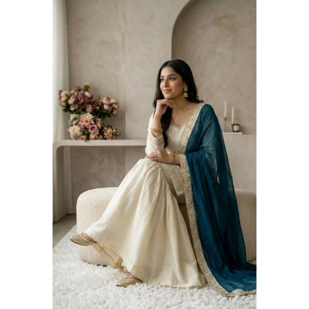Vaystra Silk Embroidered 3/4th Sleeve V-Neck Kurti With Sharara Pant and Dupatta Set –...