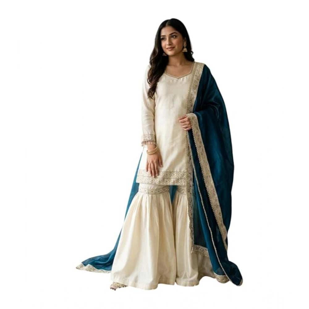 Vaystra Silk Embroidered 3/4th Sleeve V-Neck Kurti With Sharara Pant and Dupatta Set –...