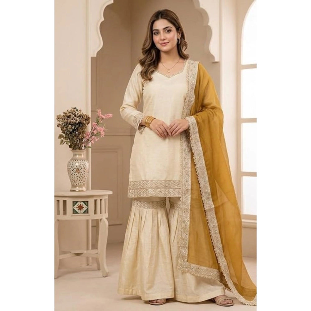Vaystra Silk Embroidered 3/4th Sleeve V-Neck Kurti With Sharara Pant and Dupatta Set –...