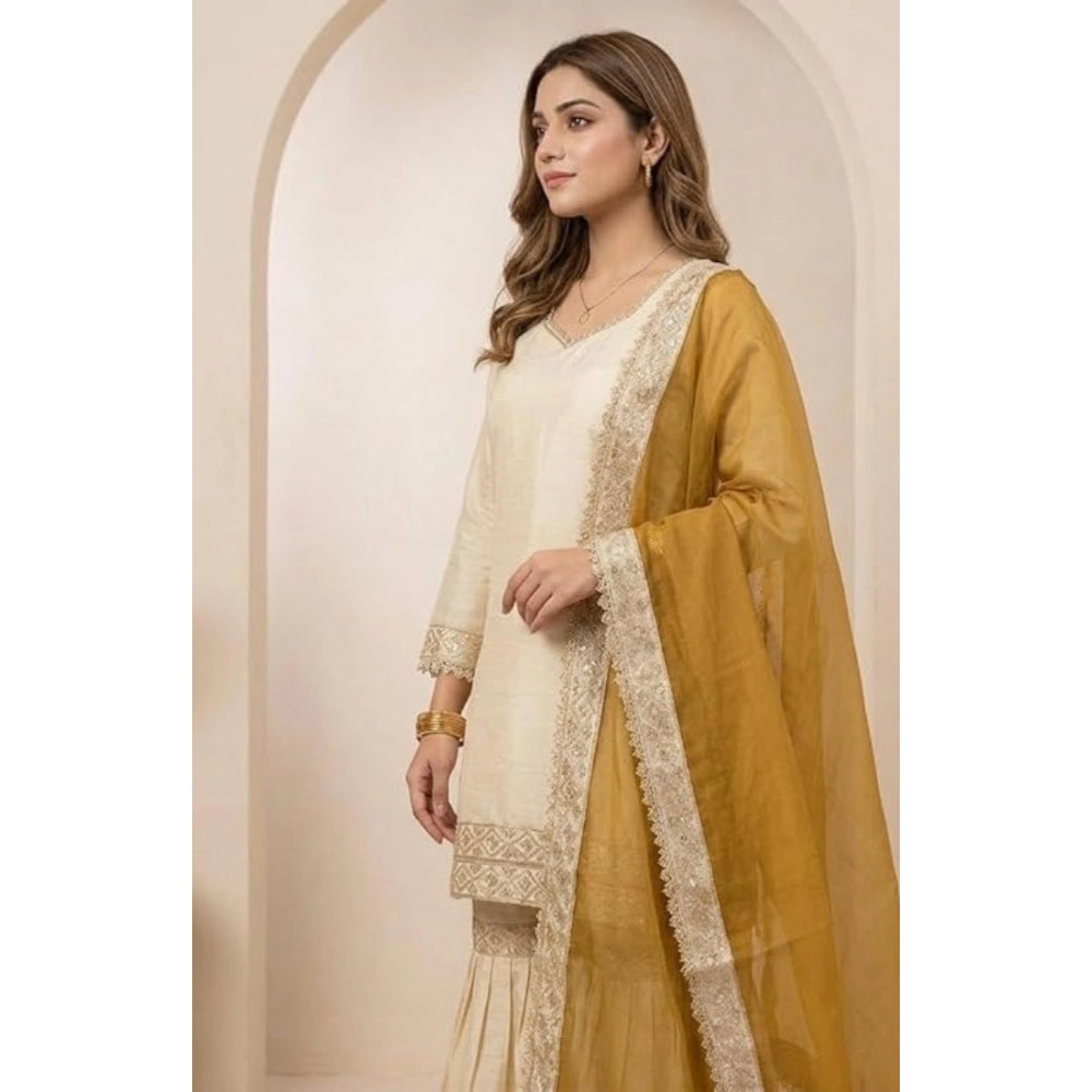 Vaystra Silk Embroidered 3/4th Sleeve V-Neck Kurti With Sharara Pant and Dupatta Set –...