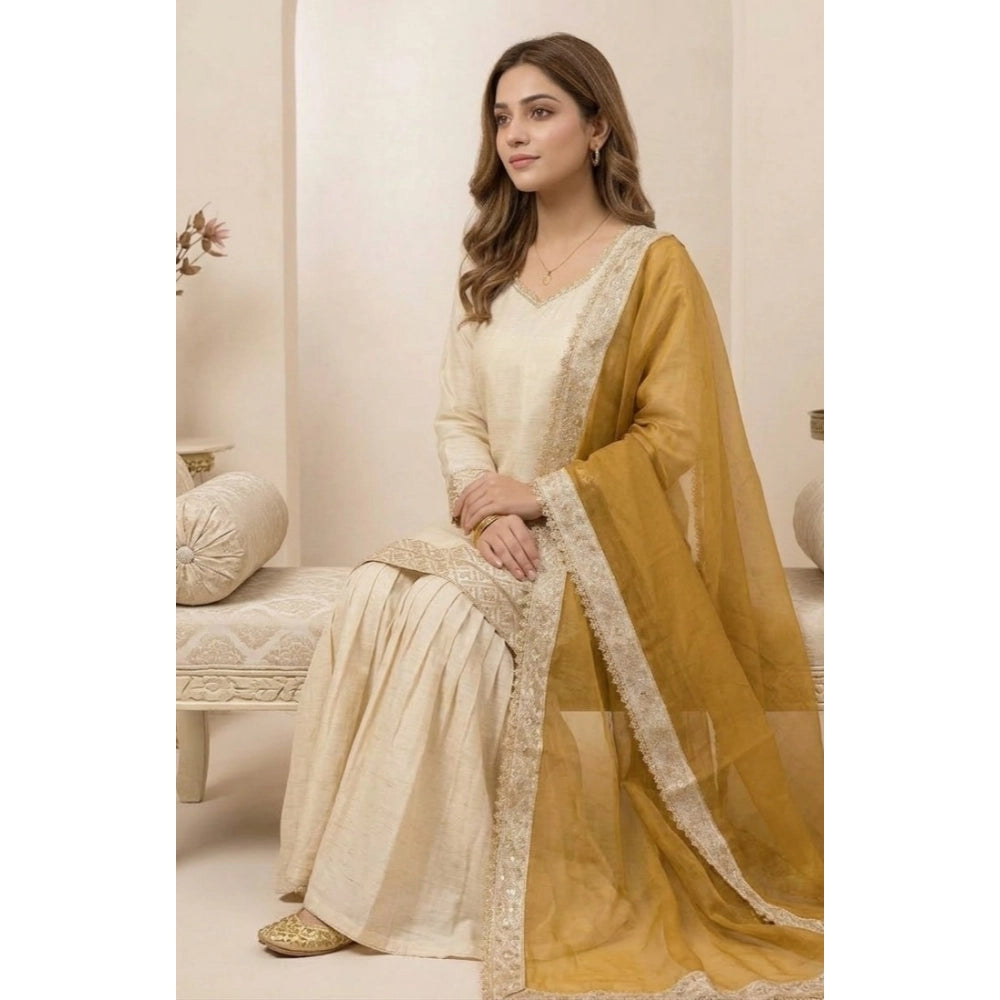 Vaystra Silk Embroidered 3/4th Sleeve V-Neck Kurti With Sharara Pant and Dupatta Set –...