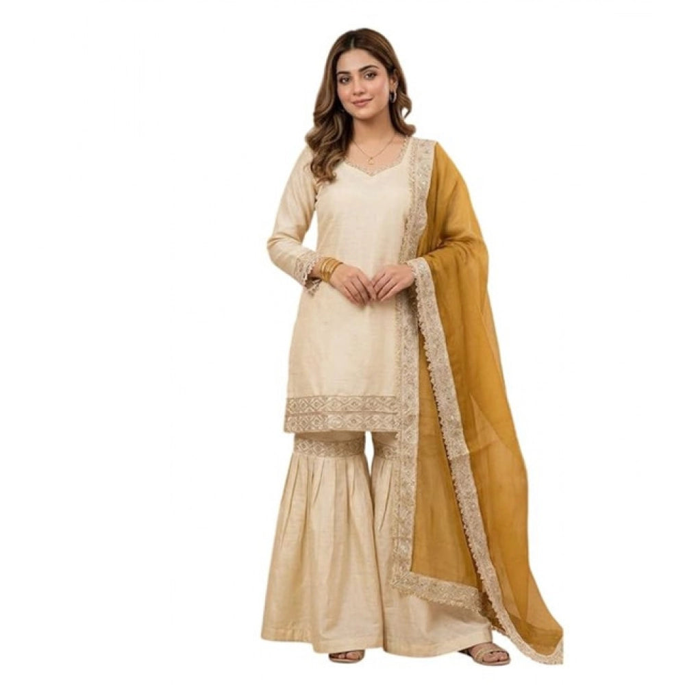 Vaystra Silk Embroidered 3/4th Sleeve V-Neck Kurti With Sharara Pant and Dupatta Set –...