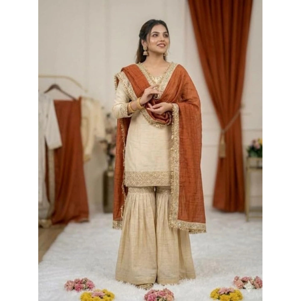 Vaystra Silk Embroidered 3/4th Sleeve V-Neck Kurti With Sharara Pant and Dupatta Set –...