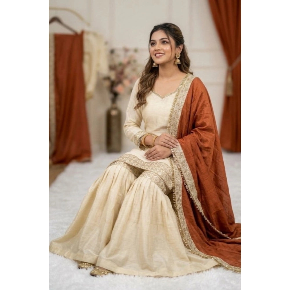 Vaystra Silk Embroidered 3/4th Sleeve V-Neck Kurti With Sharara Pant and Dupatta Set –...