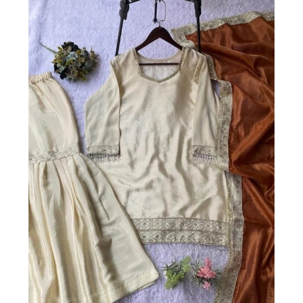 Vaystra Silk Embroidered 3/4th Sleeve V-Neck Kurti With Sharara Pant and Dupatta Set –...