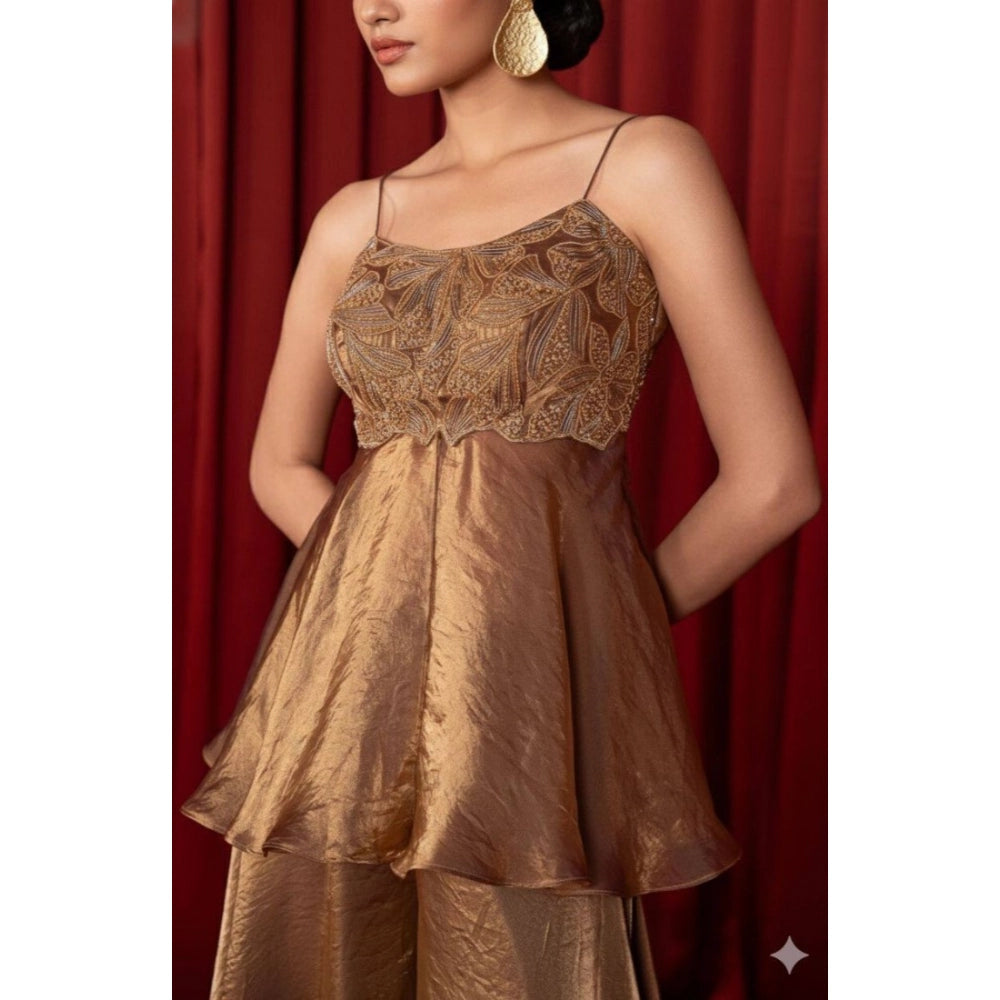 Vaystra Silk Embroidered Sleeveless Round Kurti With Palazzo Pant and Dupatta Set – Brown