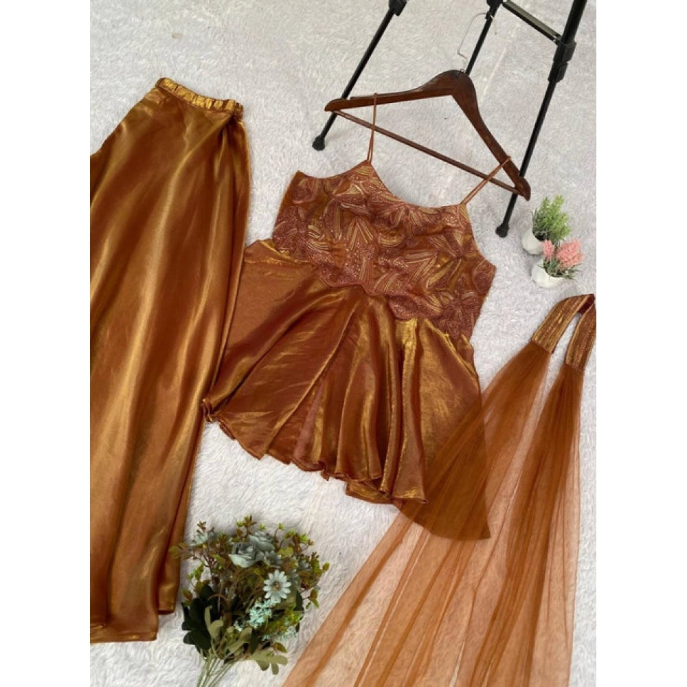 Vaystra Silk Embroidered Sleeveless Round Kurti With Palazzo Pant and Dupatta Set – Brown