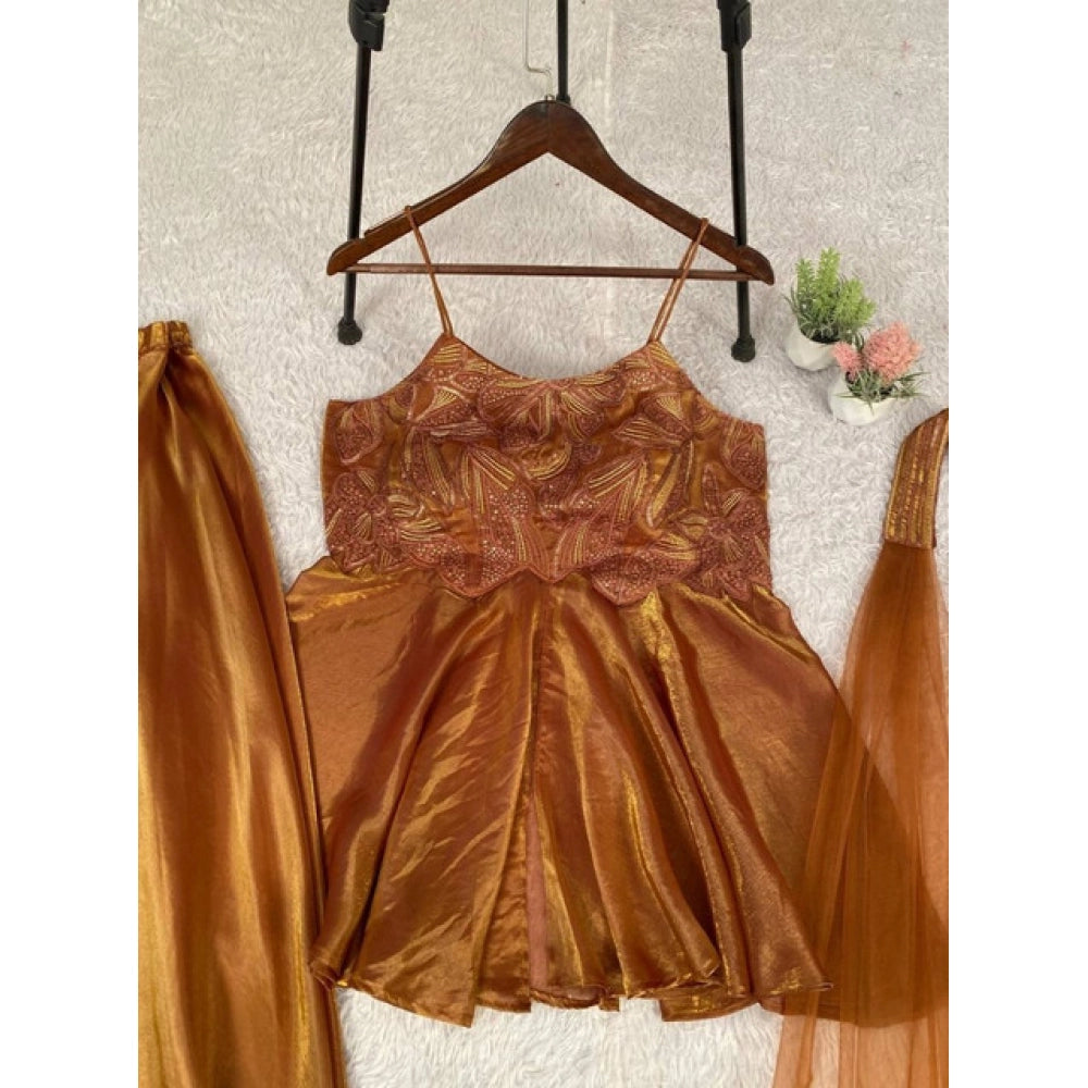 Vaystra Silk Embroidered Sleeveless Round Kurti With Palazzo Pant and Dupatta Set – Brown