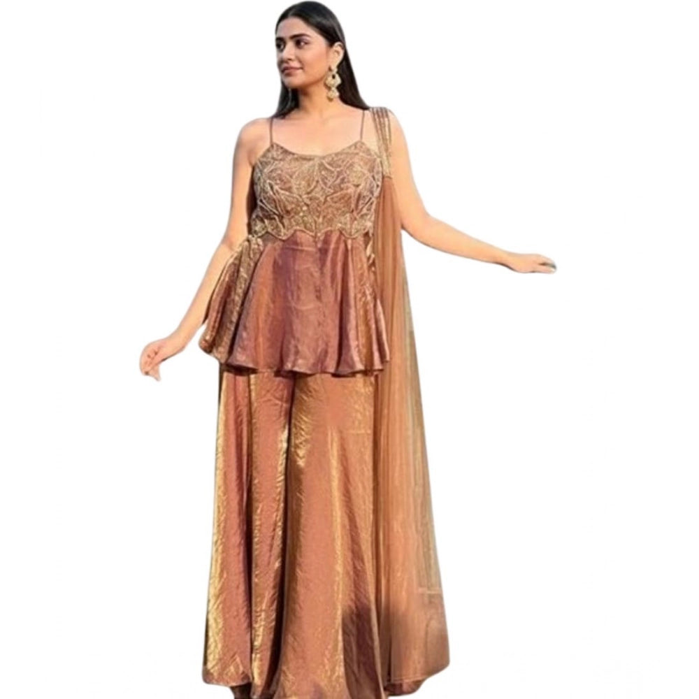 Vaystra Silk Embroidered Sleeveless Round Kurti With Palazzo Pant and Dupatta Set – Brown