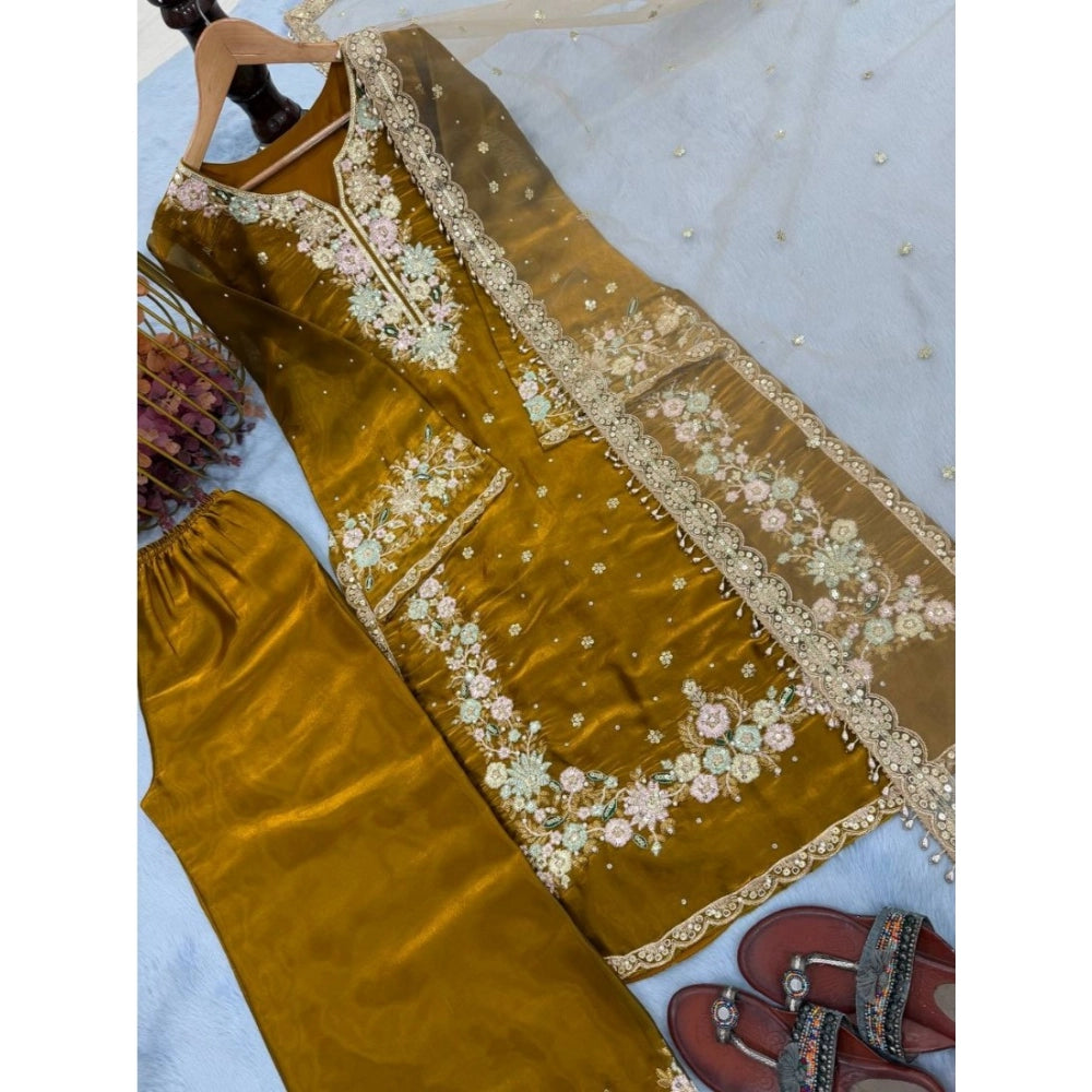 Vaystra Silk Embroidered 3/4th Sleeve Round Kurti With Palazzo Pant and Dupatta Set – Gold