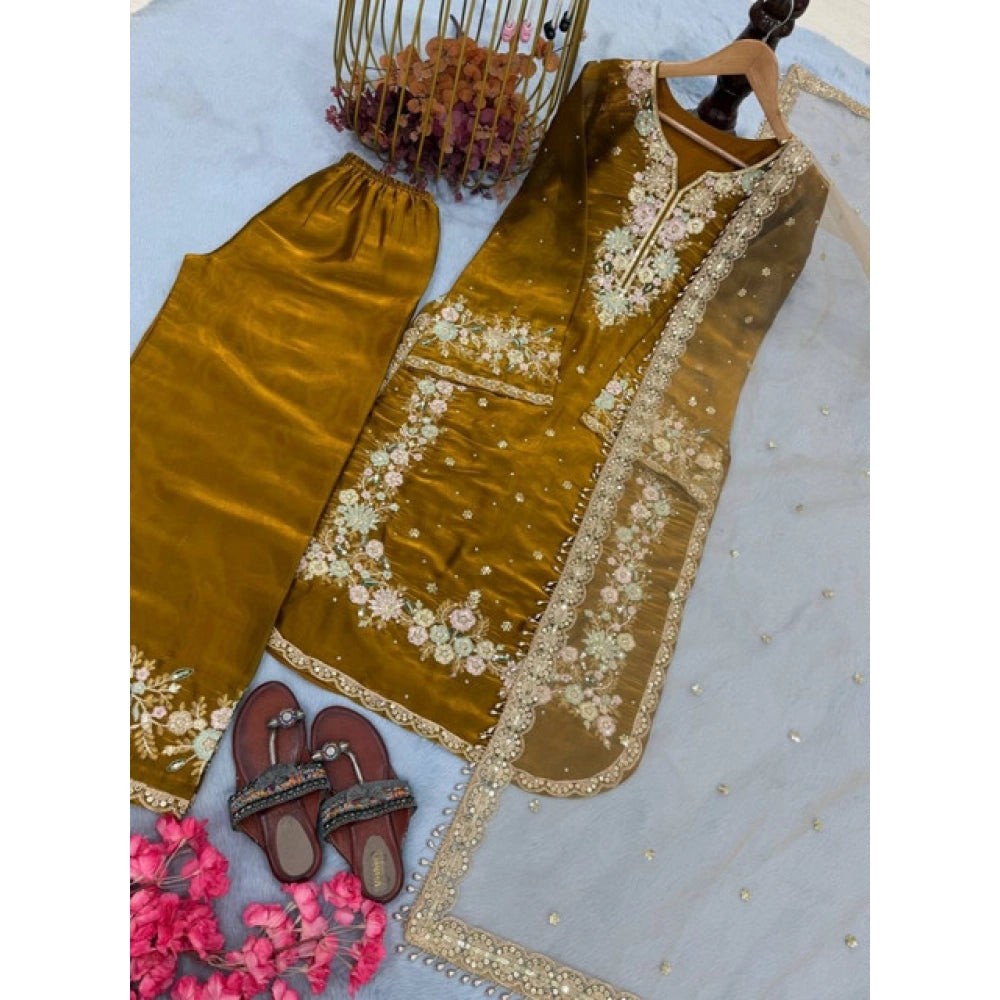 Vaystra Silk Embroidered 3/4th Sleeve Round Kurti With Palazzo Pant and Dupatta Set – Gold