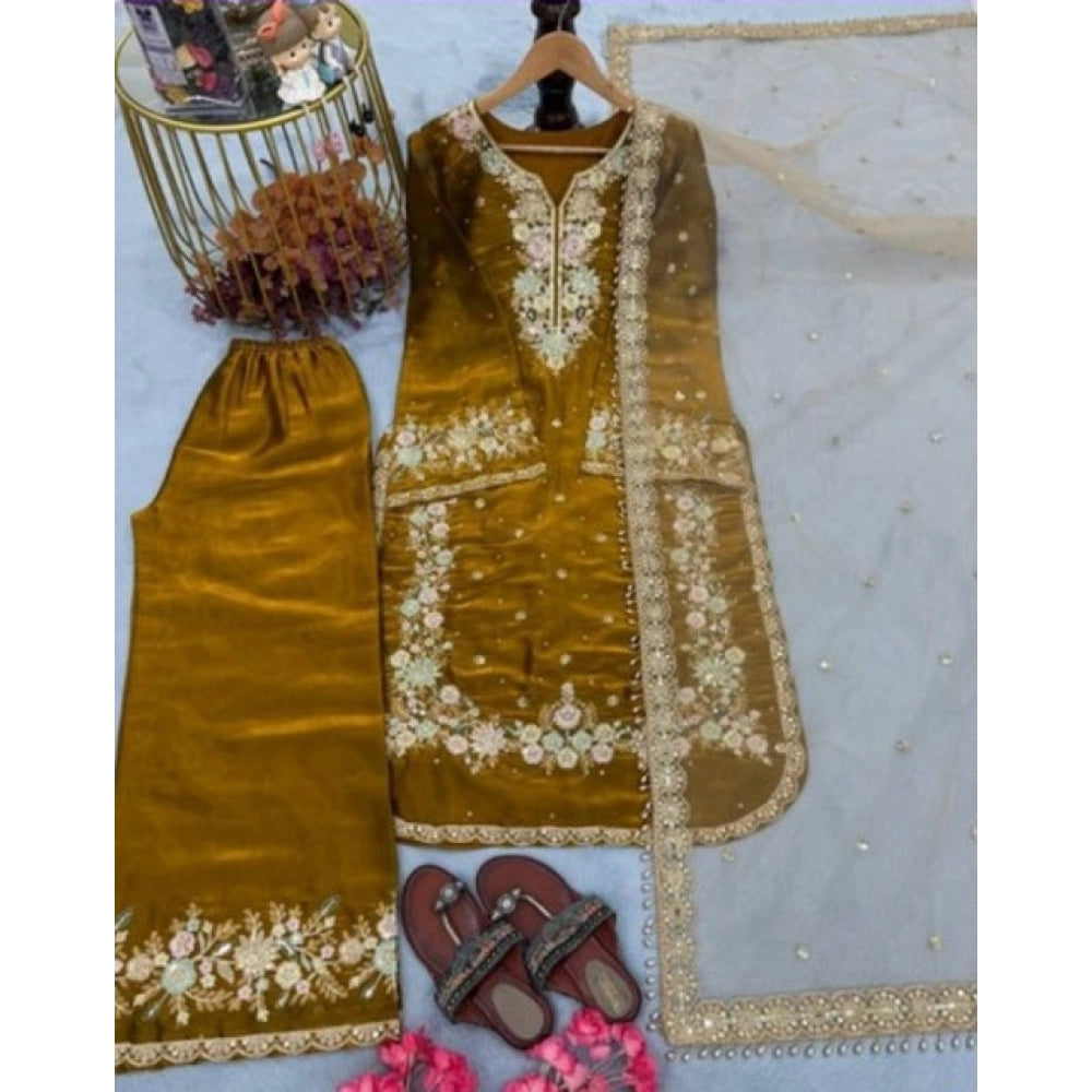 Vaystra Silk Embroidered 3/4th Sleeve Round Kurti With Palazzo Pant and Dupatta Set – Gold