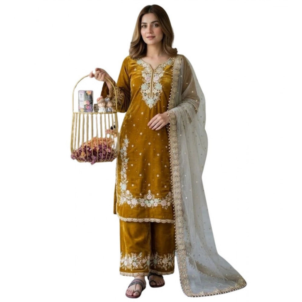 Vaystra Silk Embroidered 3/4th Sleeve Round Kurti With Palazzo Pant and Dupatta Set – Gold
