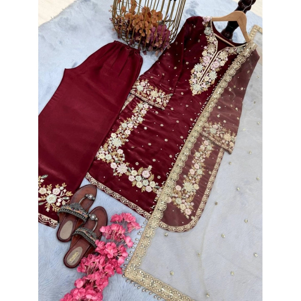 Vaystra Silk Embroidered 3/4th Sleeve Round Kurti With Palazzo Pant and Dupatta Set –...