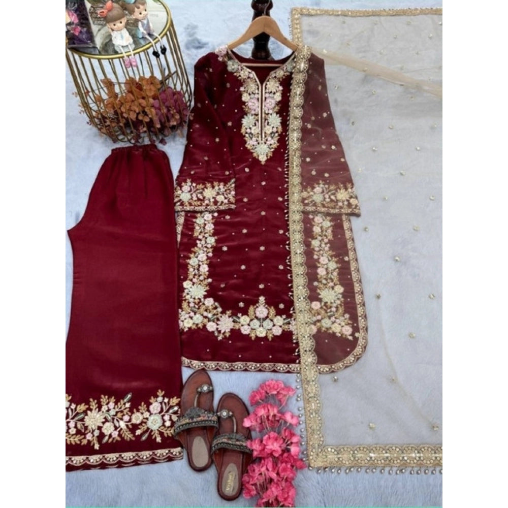 Vaystra Silk Embroidered 3/4th Sleeve Round Kurti With Palazzo Pant and Dupatta Set –...