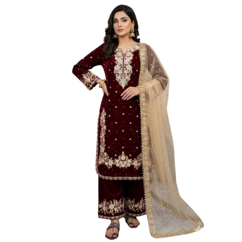 Vaystra Silk Embroidered 3/4th Sleeve Round Kurti With Palazzo Pant and Dupatta Set –...