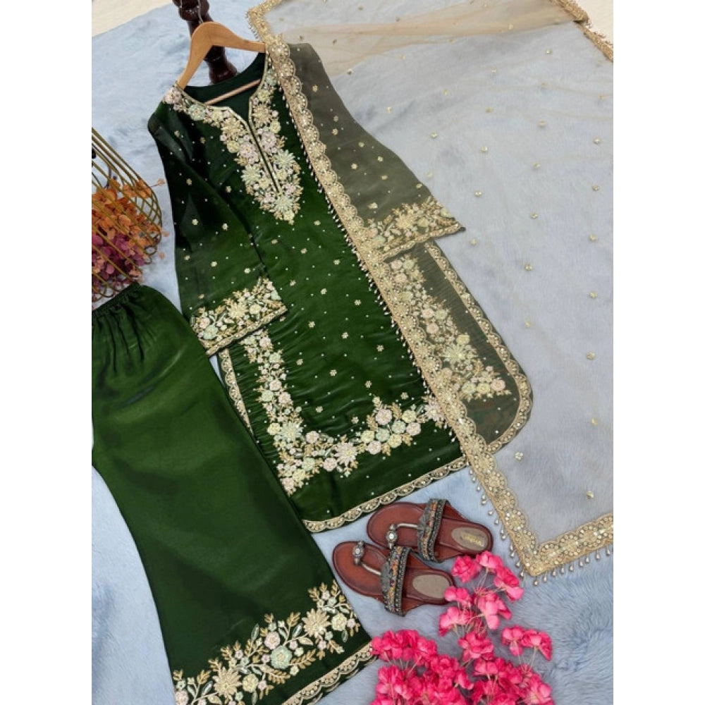 Vaystra Silk Embroidered 3/4th Sleeve Round Kurti With Palazzo Pant and Dupatta Set –...