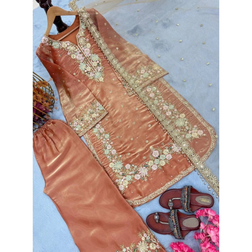 Vaystra Silk Embroidered 3/4th Sleeve Round Kurti With Palazzo Pant and Dupatta Set –...