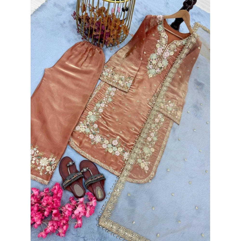 Vaystra Silk Embroidered 3/4th Sleeve Round Kurti With Palazzo Pant and Dupatta Set –...
