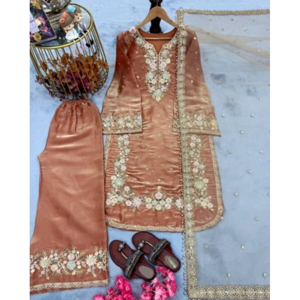 Vaystra Silk Embroidered 3/4th Sleeve Round Kurti With Palazzo Pant and Dupatta Set –...