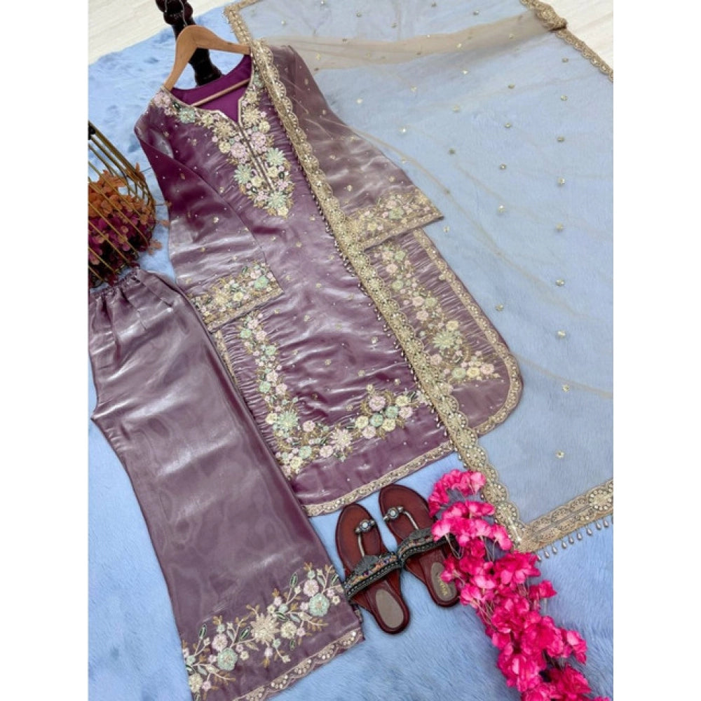 Vaystra Silk Embroidered 3/4th Sleeve Round Kurti With Palazzo Pant and Dupatta Set –...